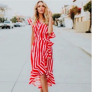 NWOT Flying Tomato Medium Elaina Wrap Dress Belt Pink White One Shoulder Ruffle